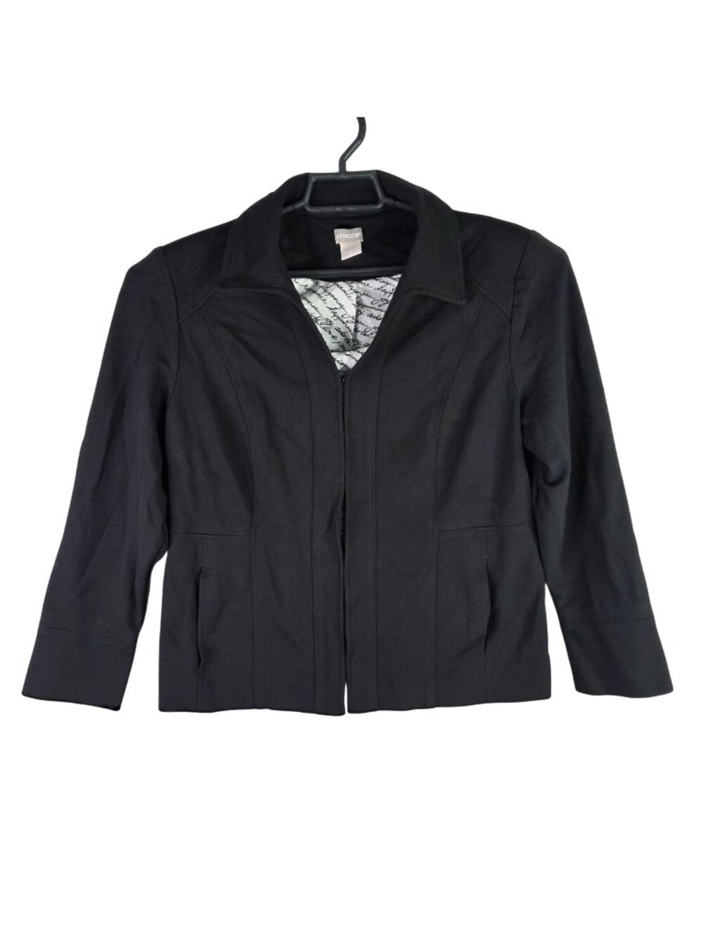 Women Chico's Black Full Zip Jacket Blazer Coat V-Neck Script Print Lined Size 1